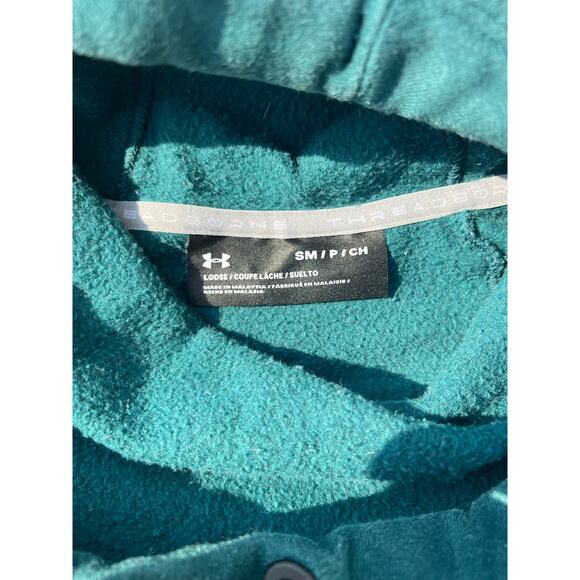 Under Armour Sweatshirt Women Sz Small Teal Graphic Mock Neck Hooded Long Sleeve - Picture 5 of 6